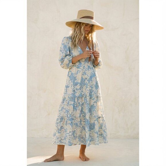 Like NEW Aly Daly blue and cream spring Floral Midi Dress, Large - Picture 14 of 14